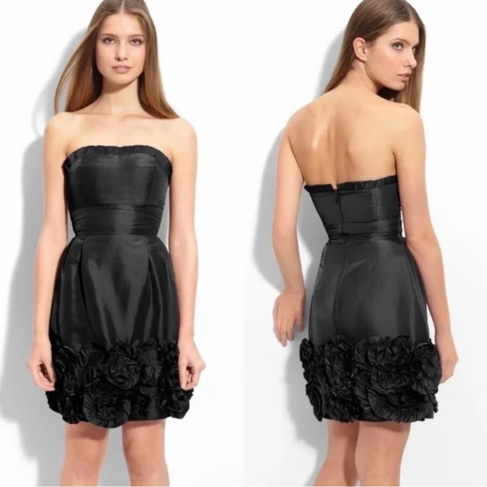 Max and Cleo Rosette Trim Strapless Taffeta Dress Sz 4 Black